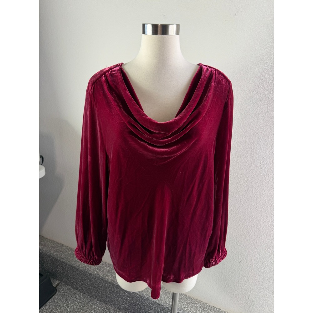 Sundance Womens Large Silk Blend Velvet Cowl Neck Blouse Burgundy Red Top